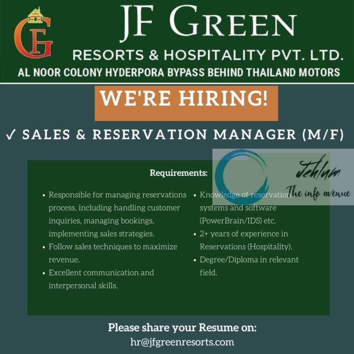 Jf Green Resorts & Hospitality Srinagar Jobs 2024pvt Ltd 