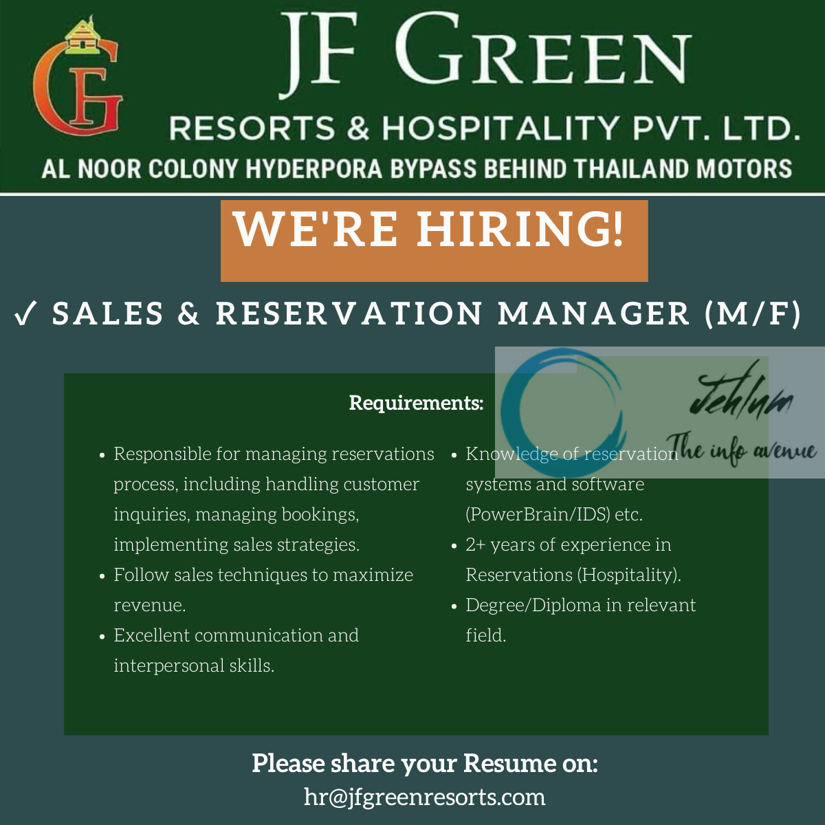 JF GREEN RESORTS & HOSPITALITY SRINAGAR JOBS 2024PVT LTD