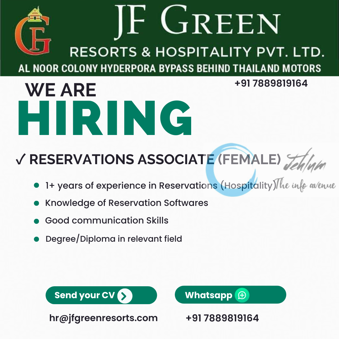 JF GREEN RESORTS & HOSPITALITY SRINAGAR JOBS 2024