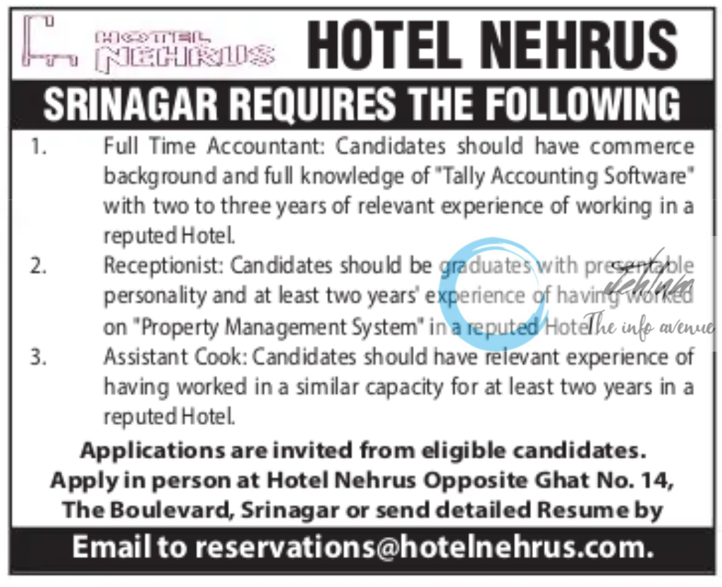 HOTEL NEHRUS SRINAGAR JOBS OPENINGS 2024