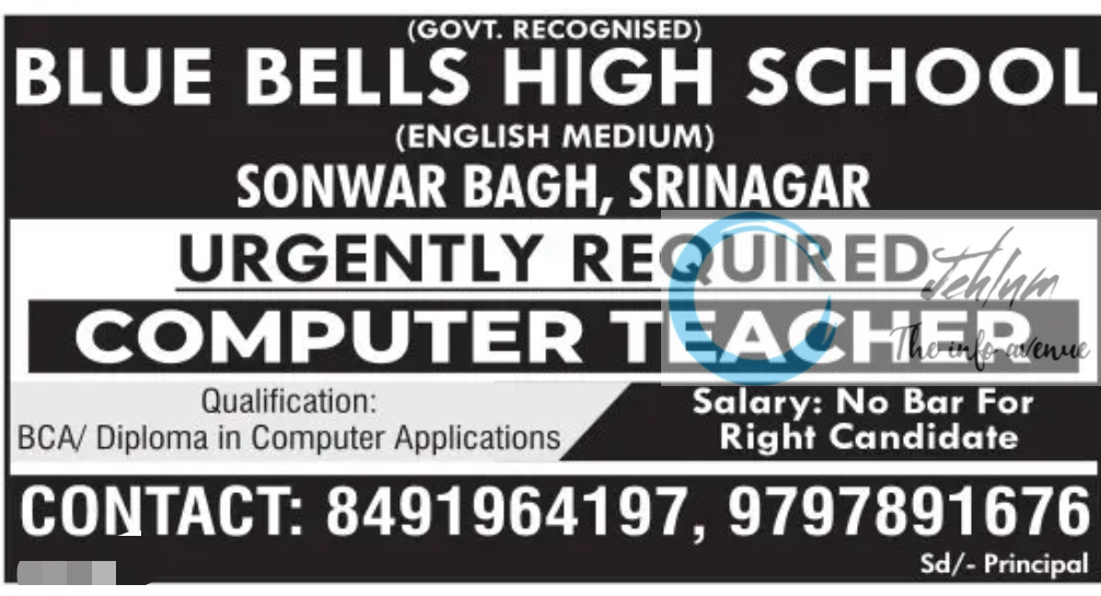 BLUE BELLS HIGH SCHOOL SRINAGAR JOBS 2024