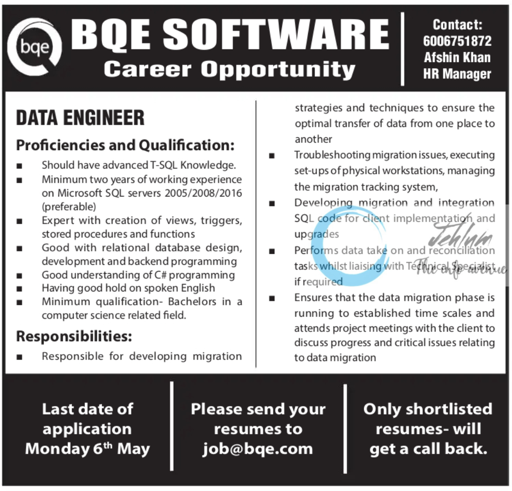 BQE SOFTWARE SRINAGAR DATA ENGINEER JOBS OPENINGS 2024