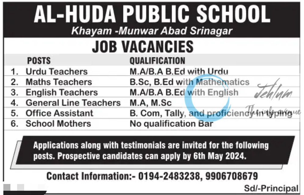 AL-HUDA PUBLIC SCHOOL SRINAGAR JOBS VACANCIES 2024