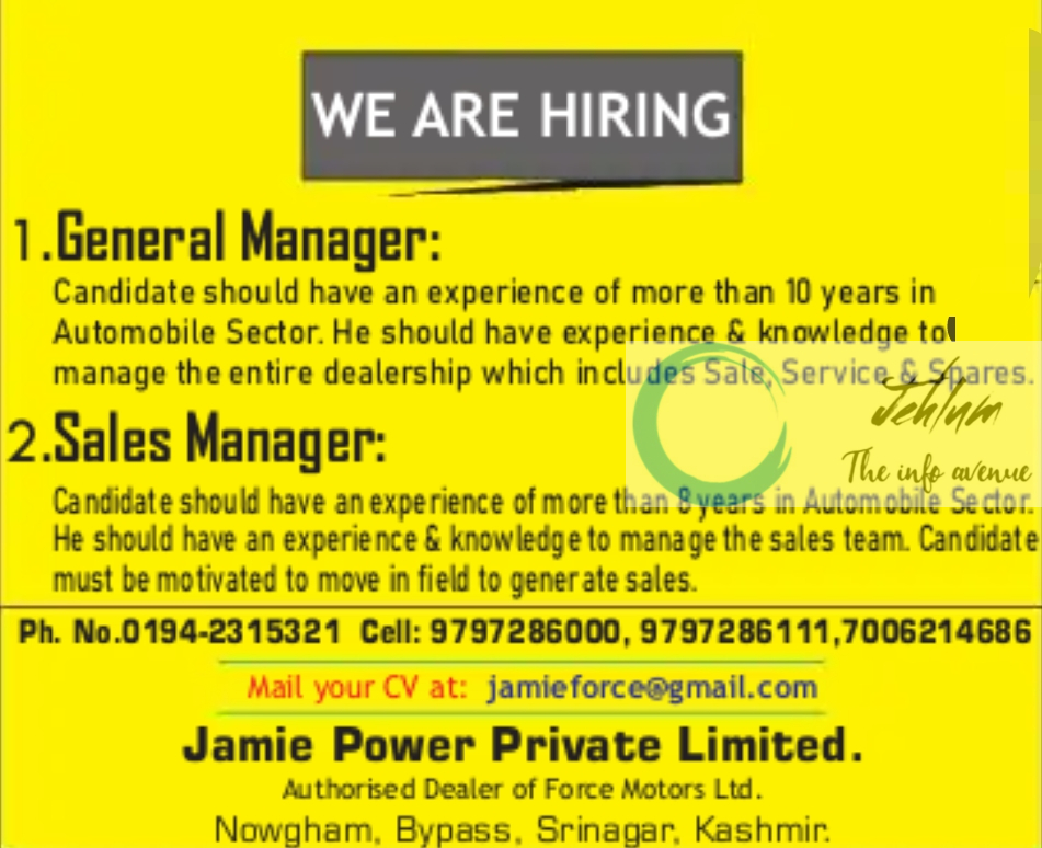 Jamie Power Private Limited Srinagar Jobs 2024