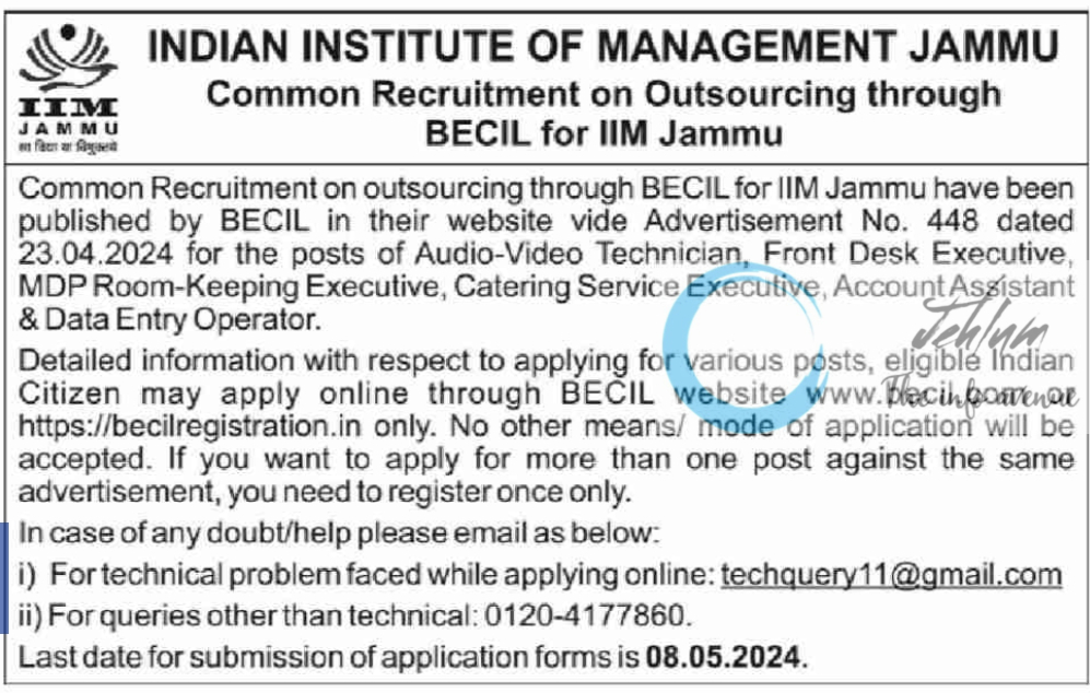 IIM JAMMU BECIL Outsourcing Recruitment Notification 2024