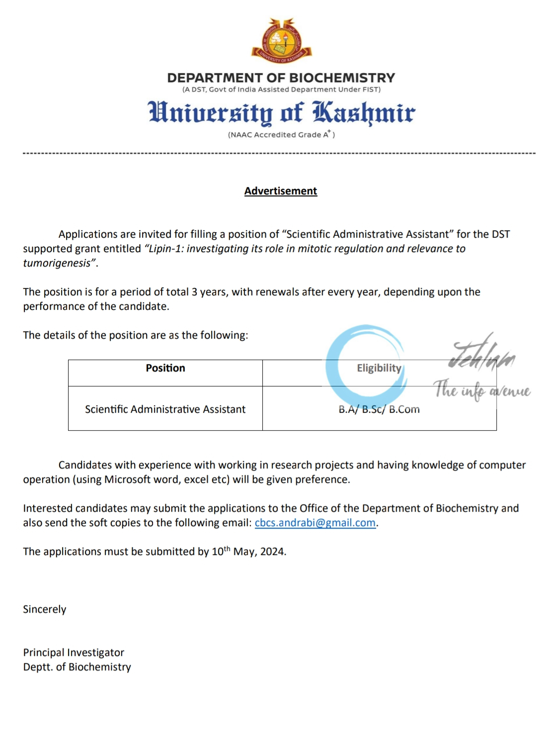 University of Kashmir Deptt Of Biochemistry Scientific Administrative Assistant Recruitment 2024