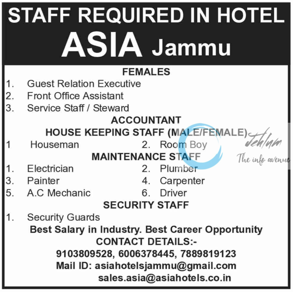 Hotel Asia Jammu Jobs Vacancy 2024