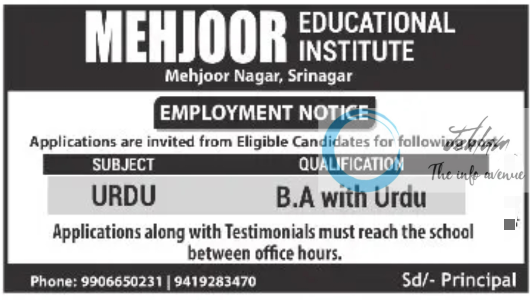 MEHJOOR EDUCATIONAL INSTITUTE SRINAGAR JOBS 2024