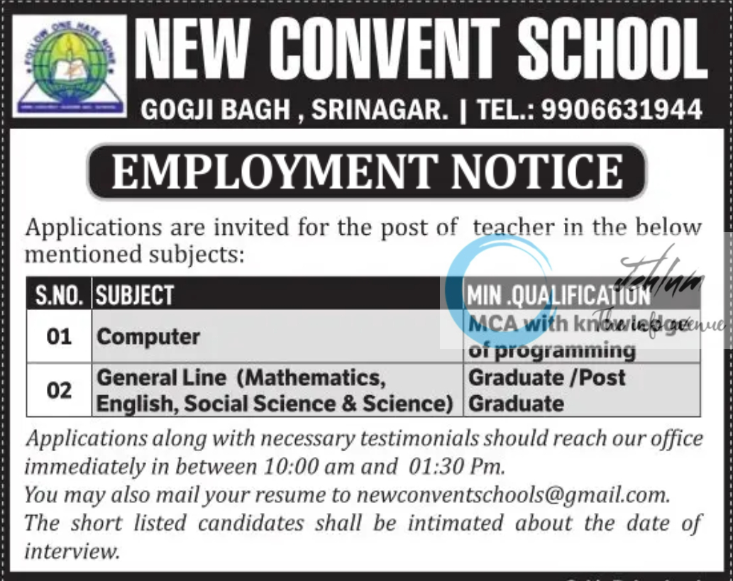 NEW CONVENT SCHOOL SRINAGAR EMPLOYMENT NOTICE 2024