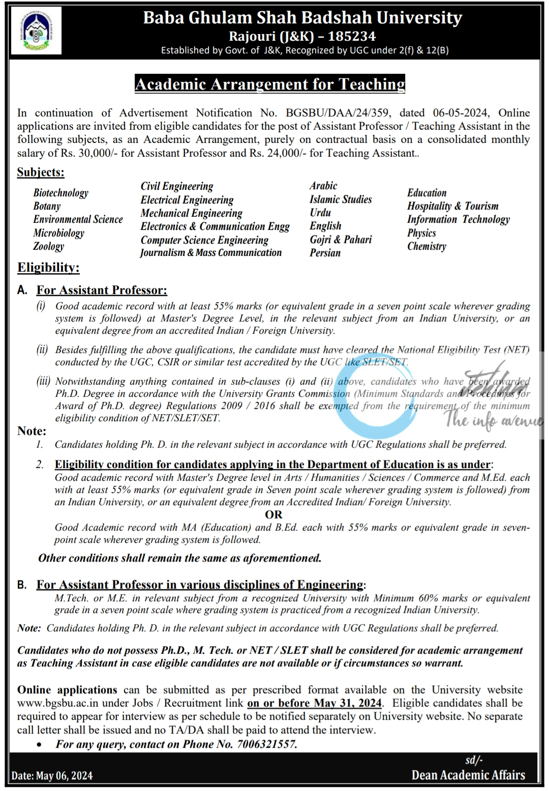 BGSBU Rajouri Academic Arrangement Notification 2024