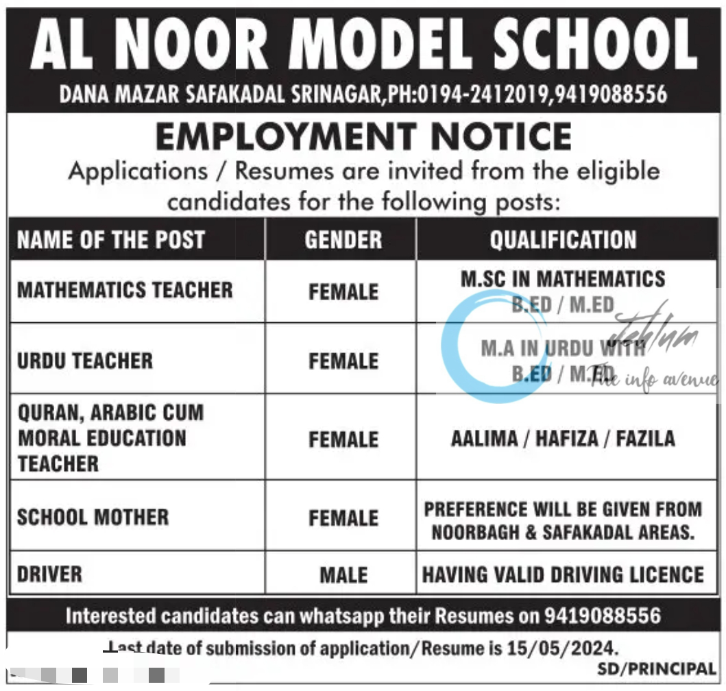 AL NOOR MODEL SCHOOL SRINAGAR EMPLOYMENT NOTICE 2024