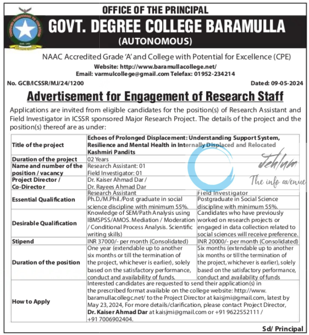 GOVT DEGREE COLLEGE BARAMULLA RESEARCH STAFF RECRUITMENT ADVERTISEMENT NOTICE 2024