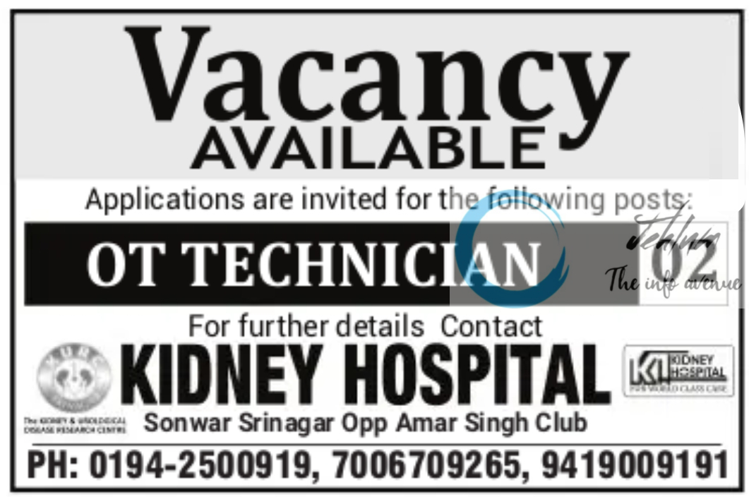 KIDNEY HOSPITAL SRINAGAR OT TECHNICIAN JOBS 2024