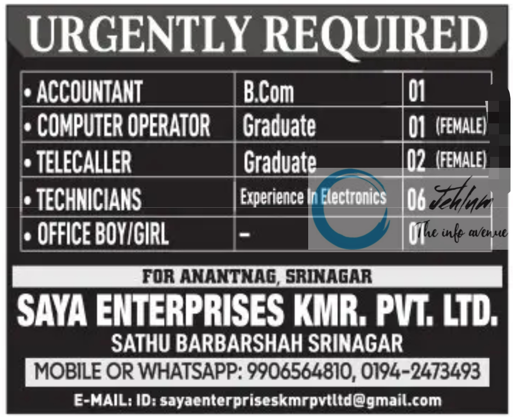 SAYA ENTERPRISES KMR PVT LTD JOBS 2024