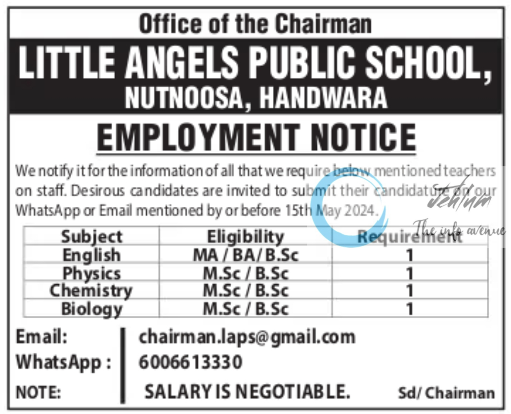 LITTLE ANGELS PUBLIC SCHOOL HANDWARA EMPLOYMENT NOTICE 2024