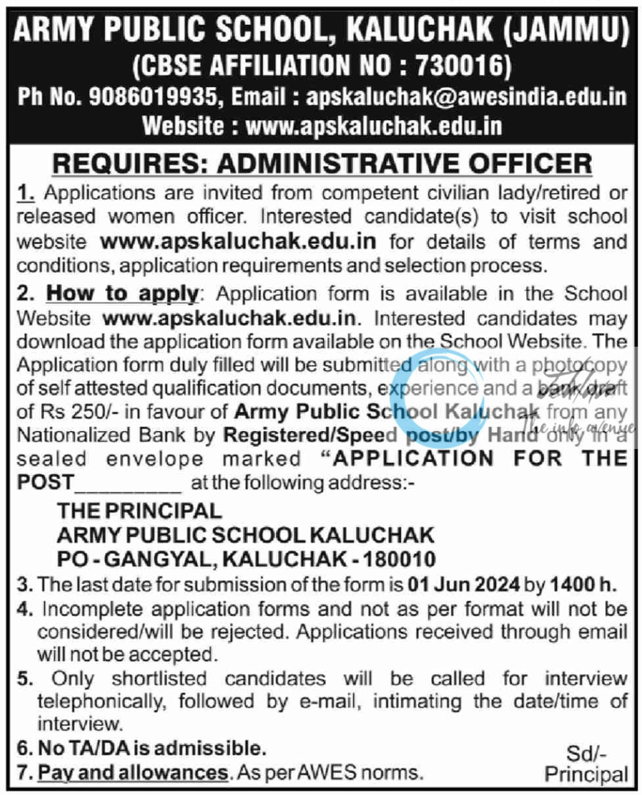 ARMY PUBLIC SCHOOL KALUCHAK ADMINISTRATIVE OFFICER JOBS 2024