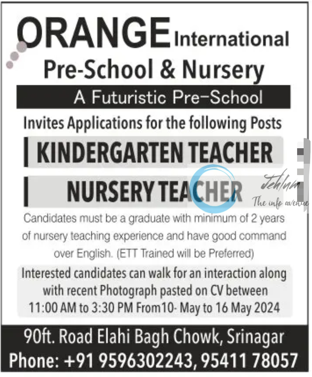 Orange International School Srinagar Jobs 2024