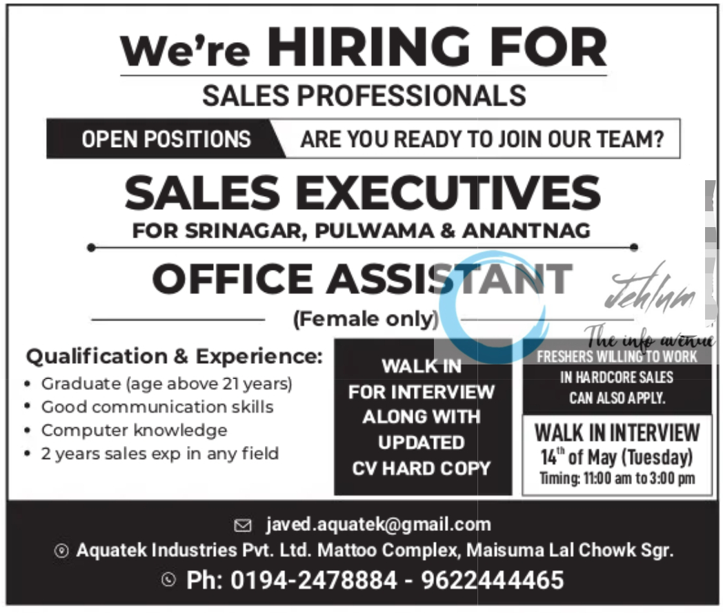 Aquatek Industries Pvt Ltd Srinagar Jobs 2024