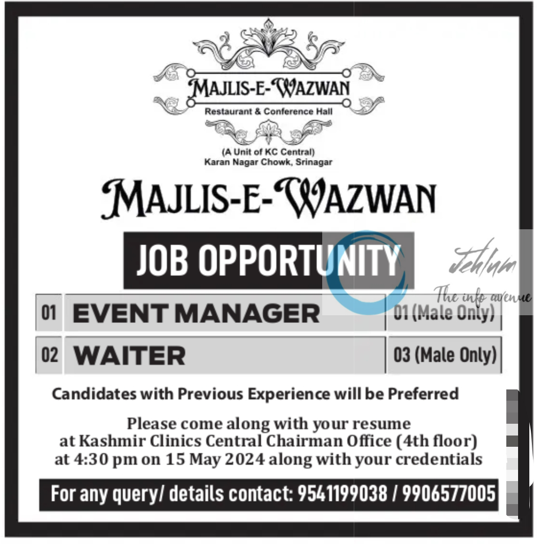 MAJLIS-E-WAZWAN SRINAGAR JOB OPPORTUNITY 2024