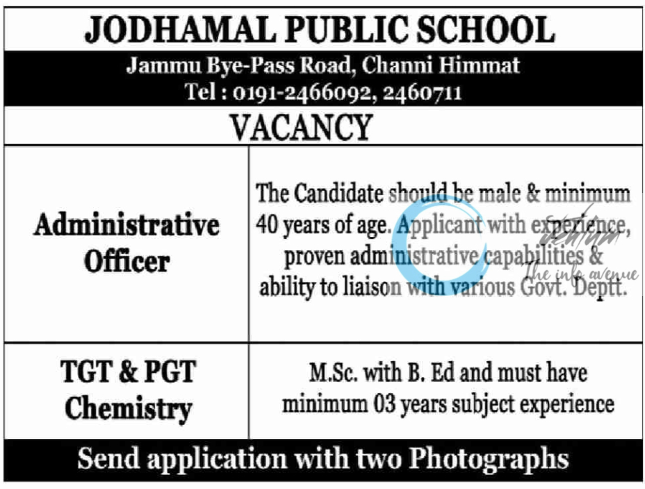 JODHAMAL PUBLIC SCHOOL JAMMU JOBS 2024