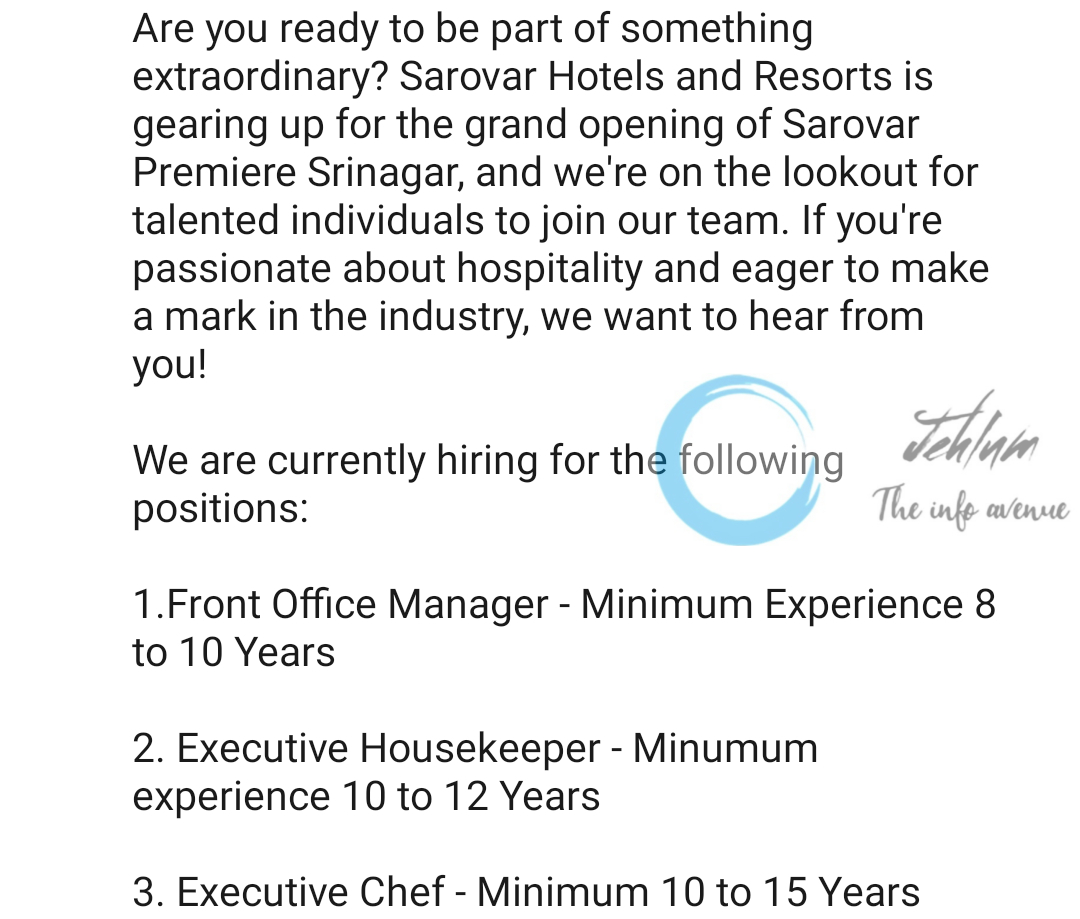 Sarovar Hotels and Resorts Srinagar Jobs Vacancy 2024