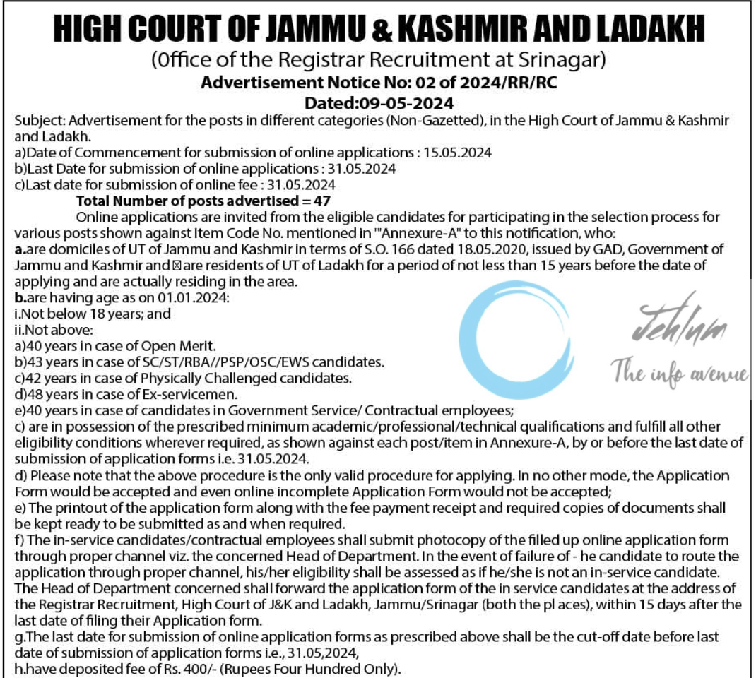 HIGH COURT OF JAMMU AND KASHMIR AND LADAKH ADVERTISEMENT NOTICE NO 02 OF 2024
