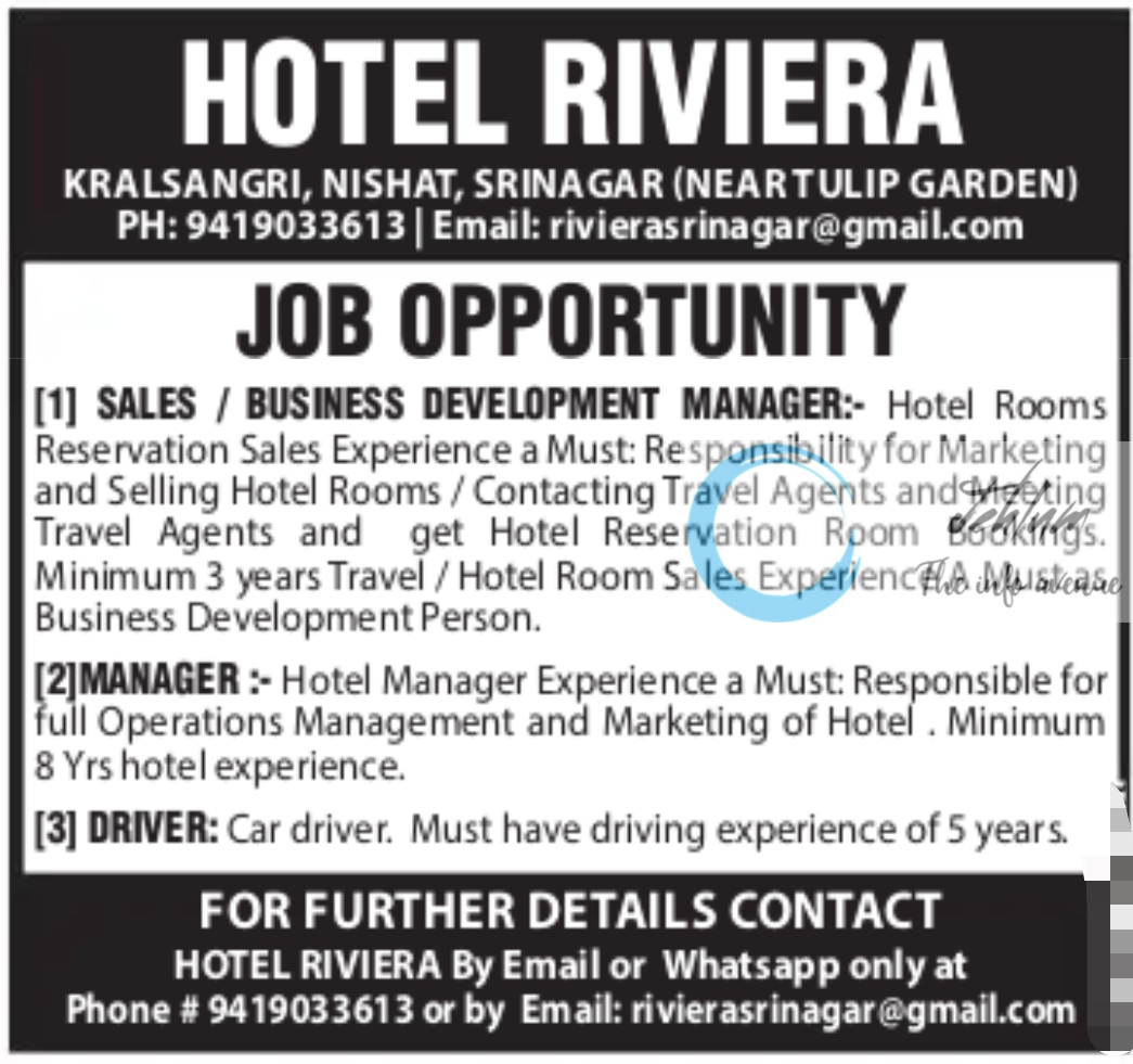 HOTEL RIVIERA SRINAGAR JOBS OPENINGS 2024