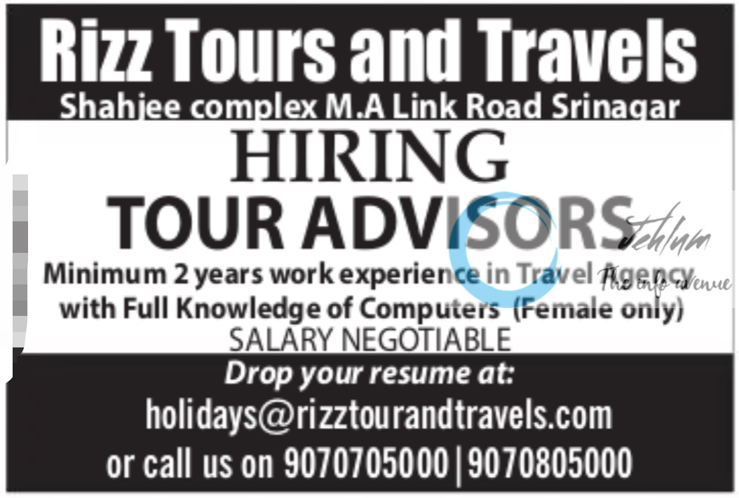 Rizz Tours and Travels Srinagar Jobs Vacancy 2024