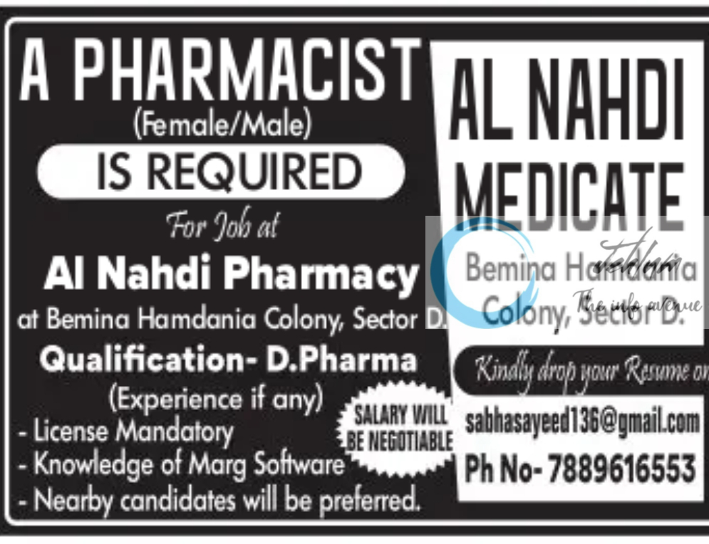 AL NAHDI MEDICATE PHARMACY SRINAGAR JOBS 2024