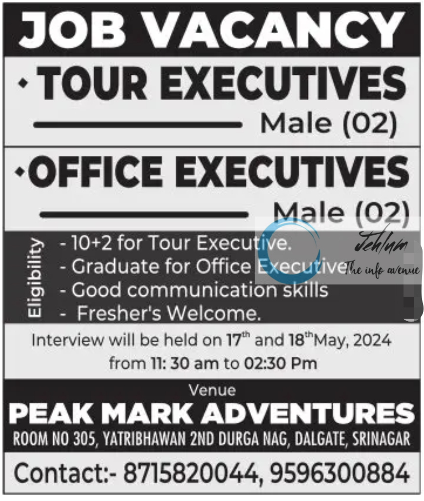 PEAK MARK ADVENTURES SRINAGAR JOBS 2024