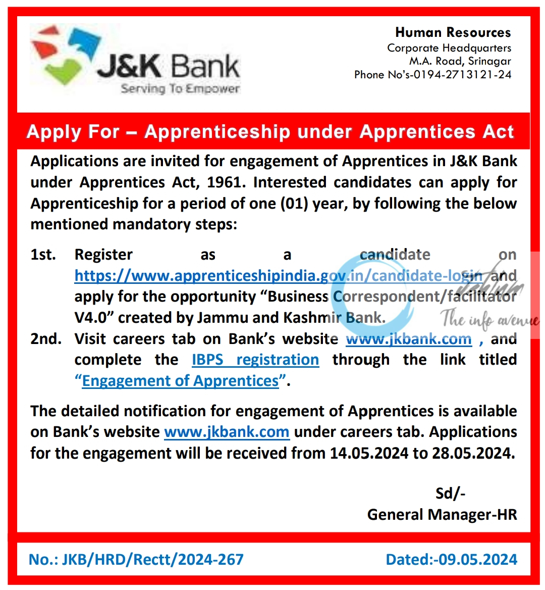 J&K Bank Apprenticeship Notification 2024