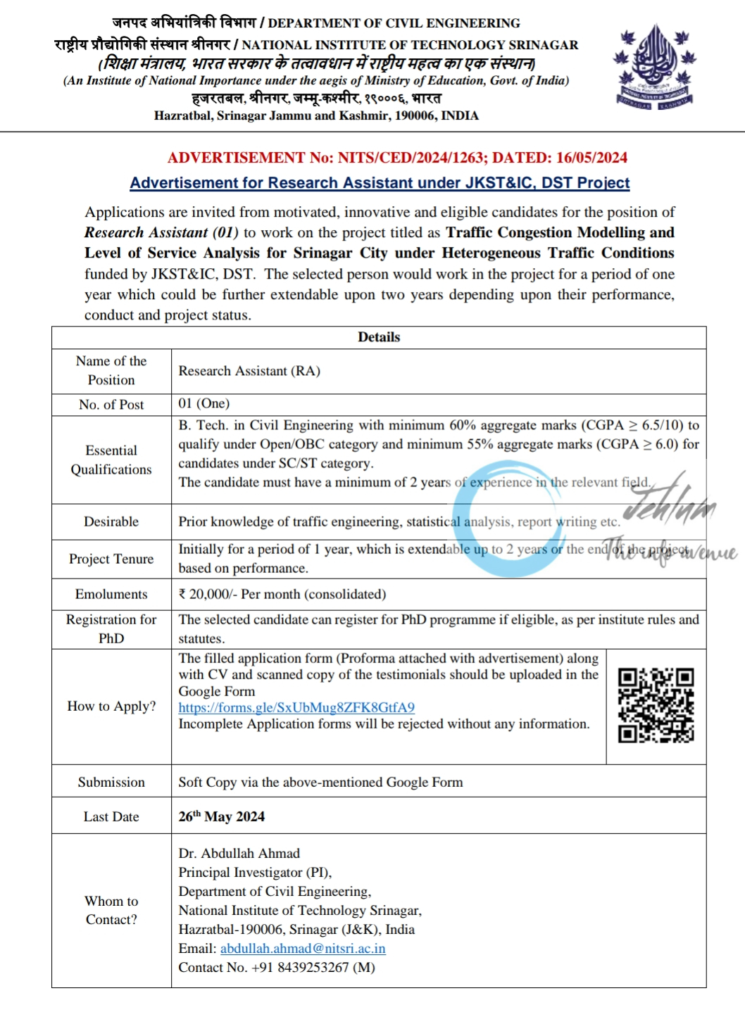 NIT SRINAGAR DEPTT OF CIVIL ENGINEERING RESEARCH ASSISTANT ADVERTISEMENT NOTICE 2024