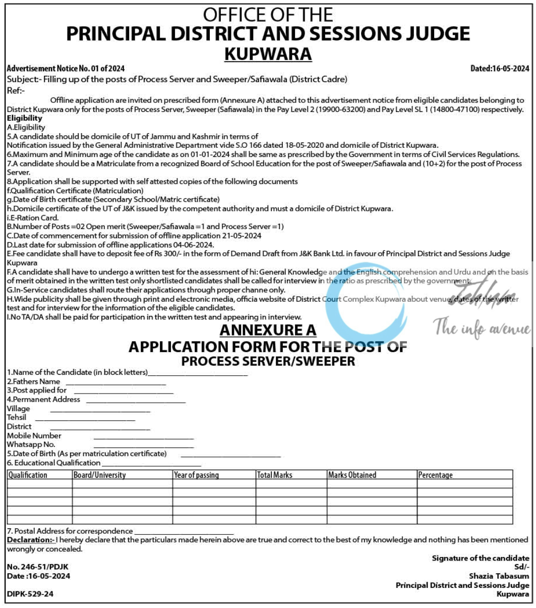 OFFICE OF THE PRINCIPAL DISTRICT AND SESSIONS JUDGE KUPWARA ADVERTISEMENT NOTICE NO 01 OF 2024