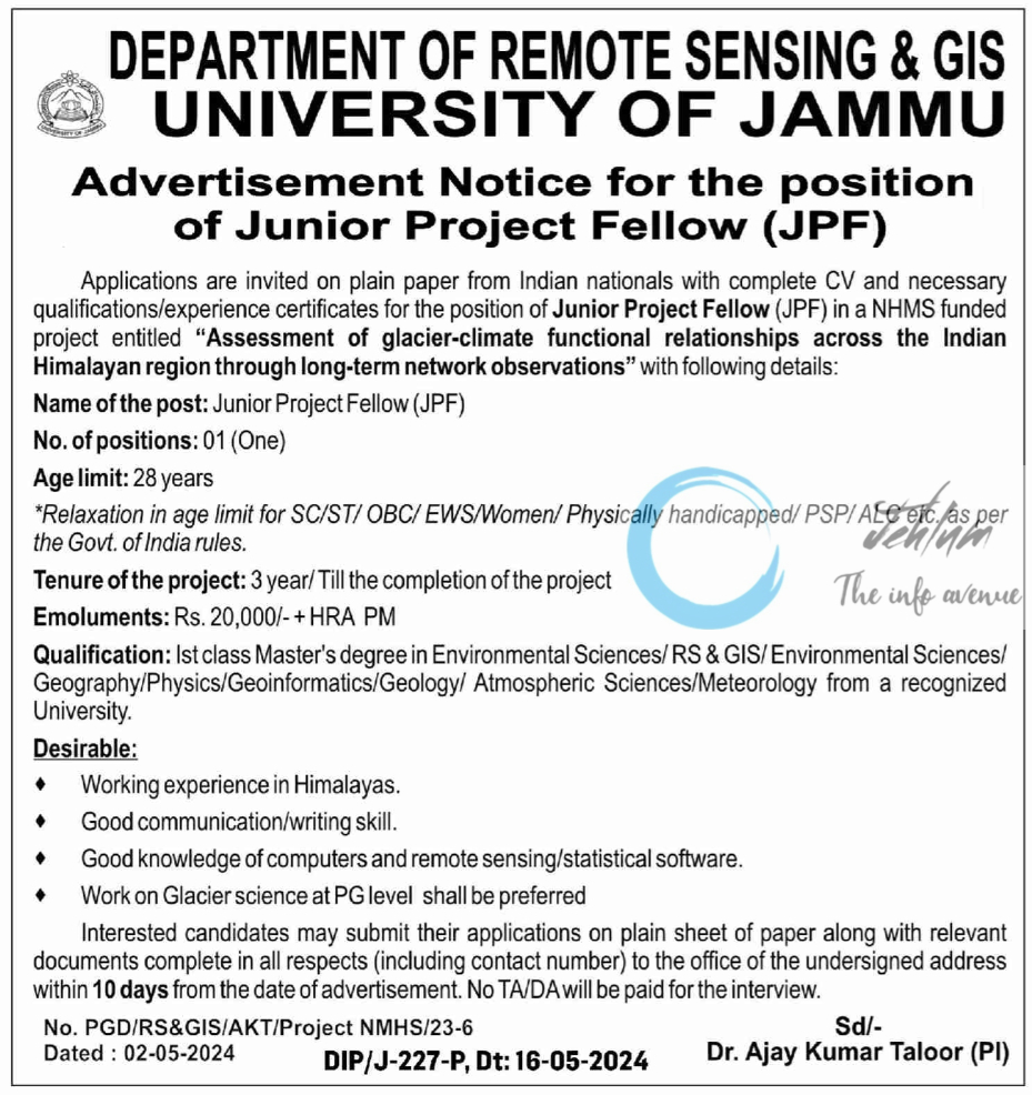 UNIVERSITY OF JAMMU DEPTT OF REMOTE SENSING & GIS JPF ADVERTISEMENT NOTICE 2024