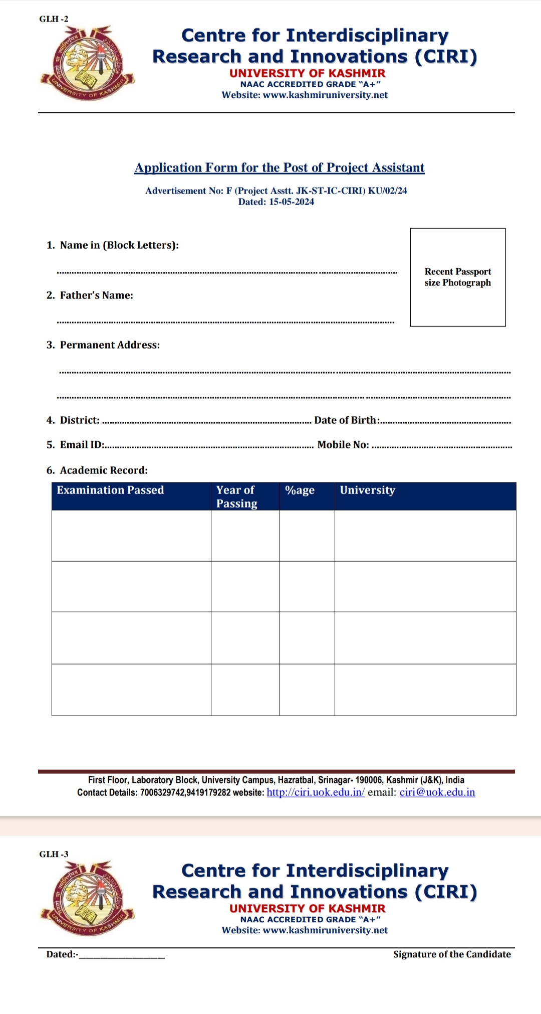 UNIVERSITY OF KASHMIR Centre for Interdisciplinary Research and Innovations CIRI Walk-in-Interview Advertisement 2024
