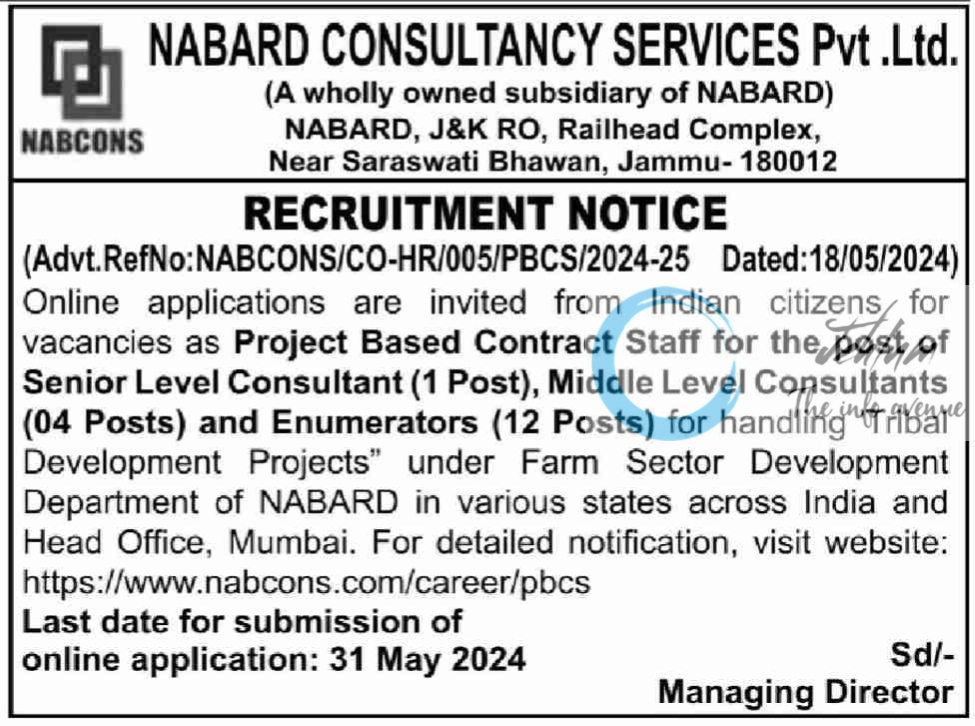 NABARD CONSULTANCY SERVICES NABCONS RECRUITMENT NOTICE NO 05 OF 2024