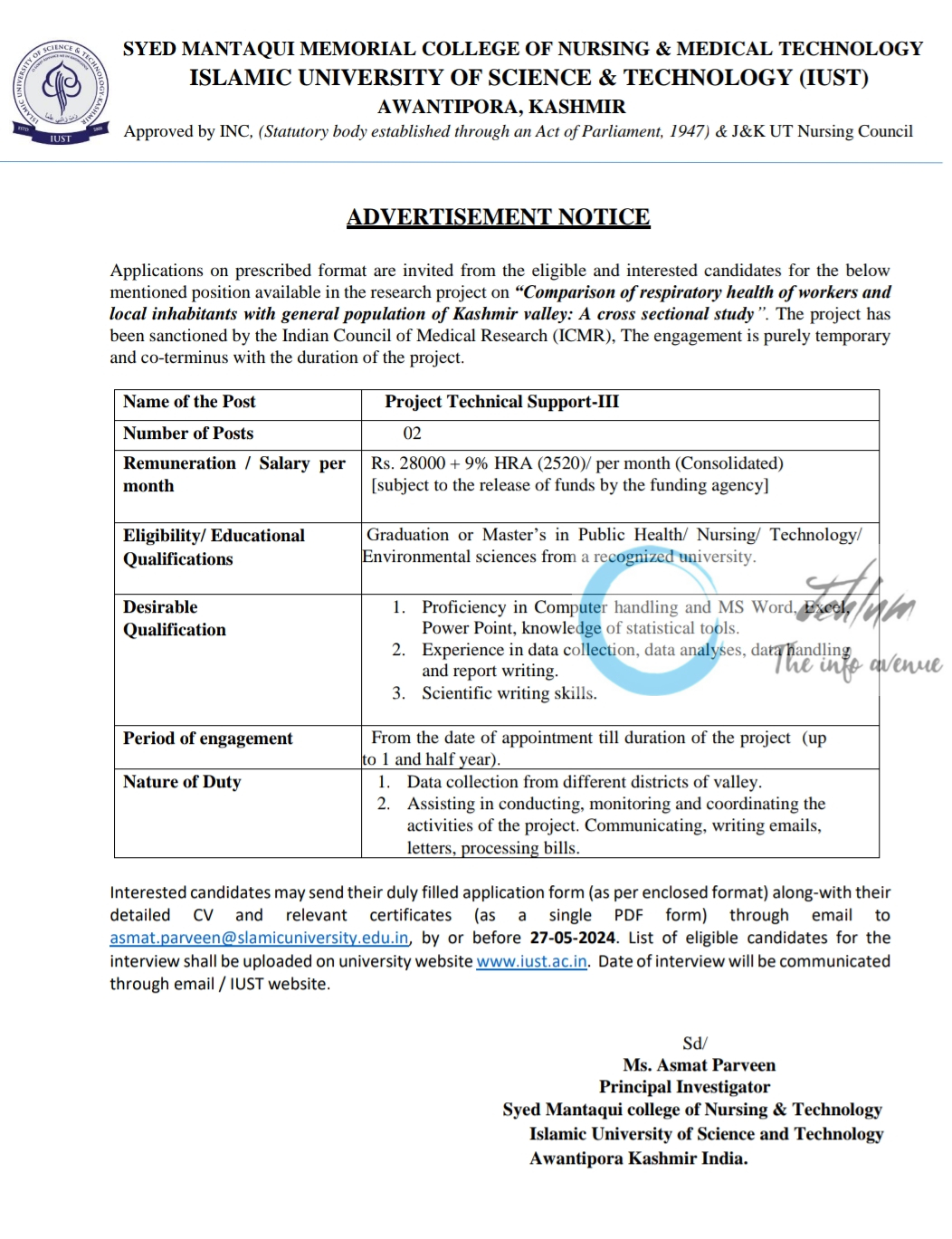 IUST KASHMIR SYED MANTAQUI MEMORIAL COLLEGE OF NURSING ADVERTISEMENT NOTICE 2024