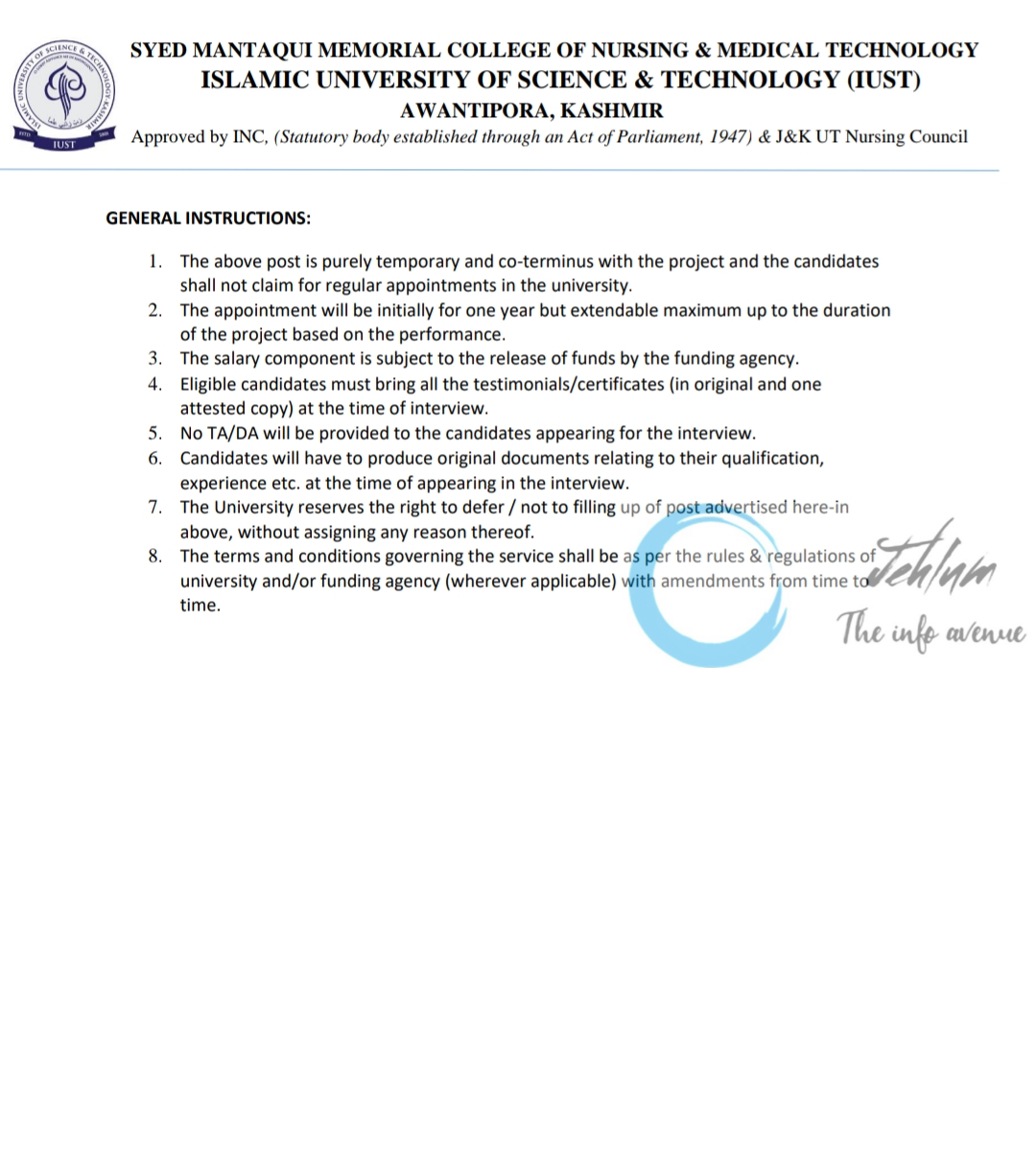 IUST KASHMIR SYED MANTAQUI MEMORIAL COLLEGE OF NURSING ADVERTISEMENT NOTICE 2024