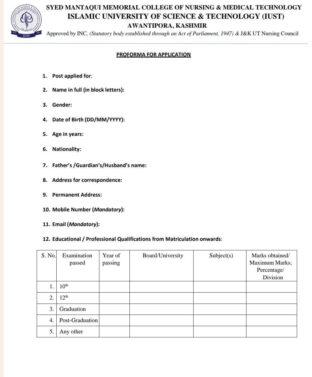 IUST KASHMIR SYED MANTAQUI MEMORIAL COLLEGE OF NURSING ADVERTISEMENT NOTICE 2024