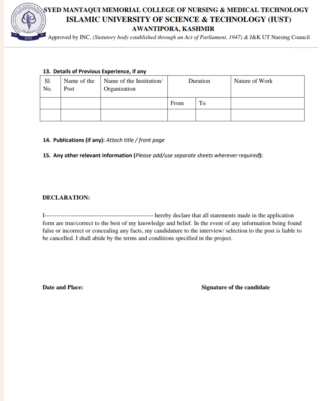 IUST KASHMIR SYED MANTAQUI MEMORIAL COLLEGE OF NURSING ADVERTISEMENT NOTICE 2024