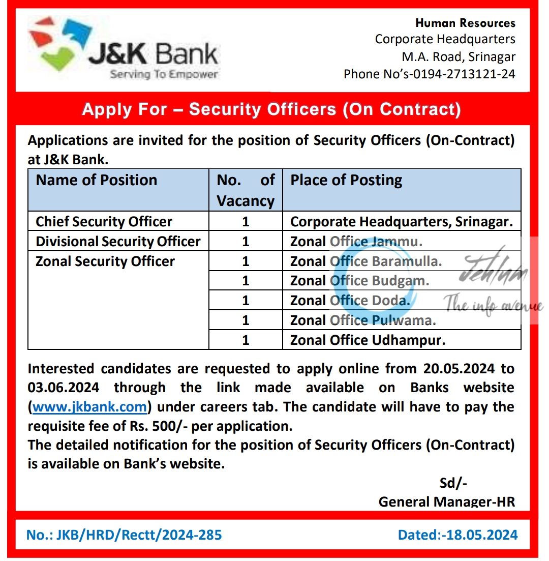 J&K Bank Security Officers Recruitment Notification 2024