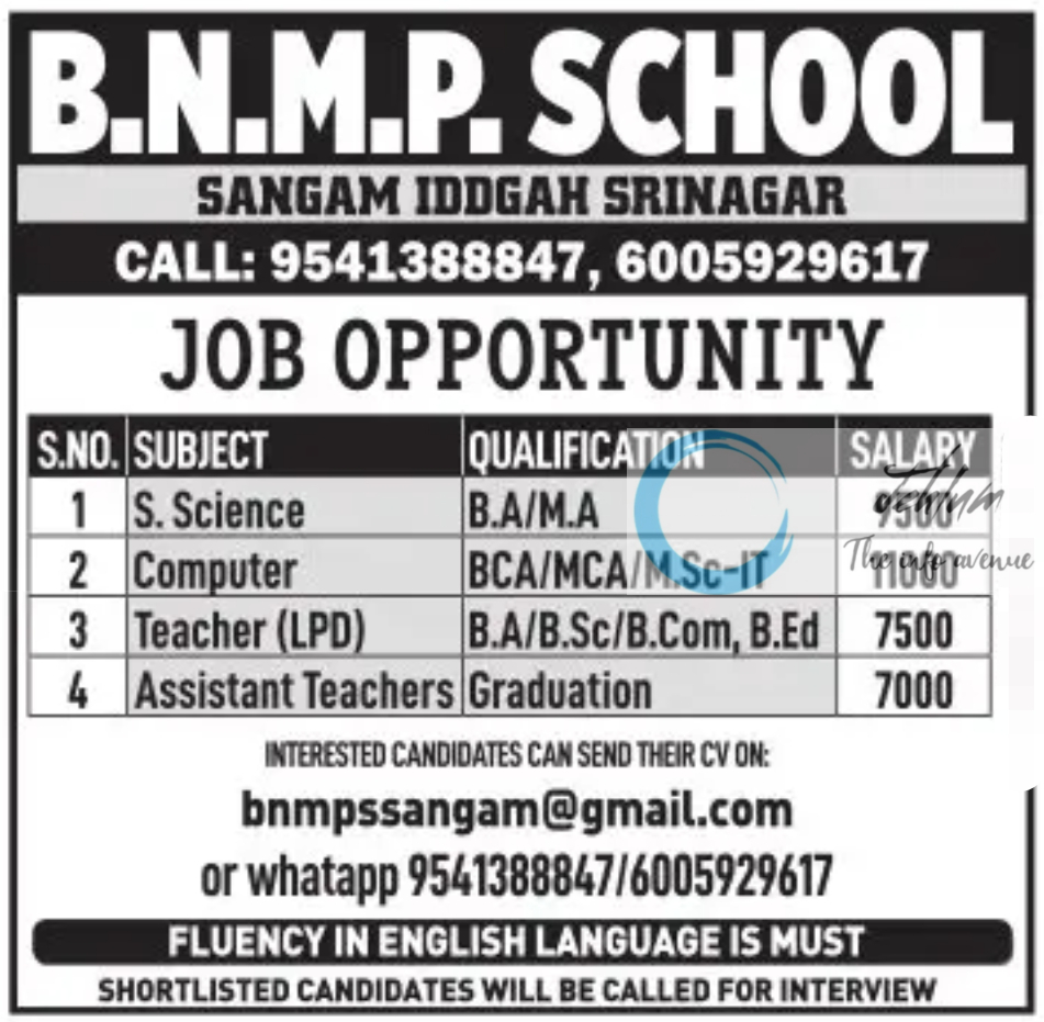 BNMP SCHOOL SRINAGAR JOBS 2024