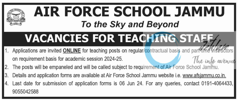 AIR FORCE SCHOOL JAMMU JOBS VACANCIES 2024