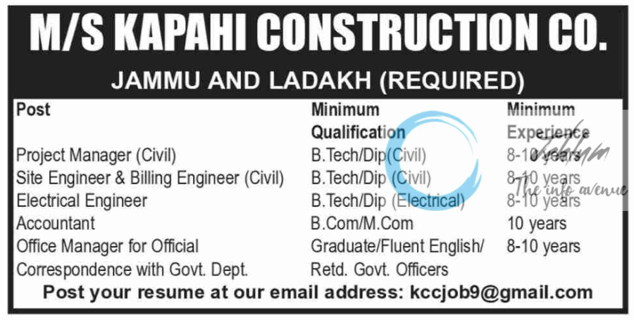 KAPAHI CONSTRUCTION CO JAMMU JOBS 2024