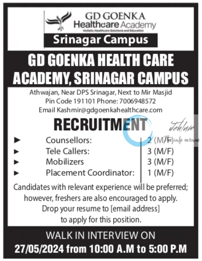 GD GOENKA HEALTH CARE ACADEMY SRINAGAR JOBS 2024