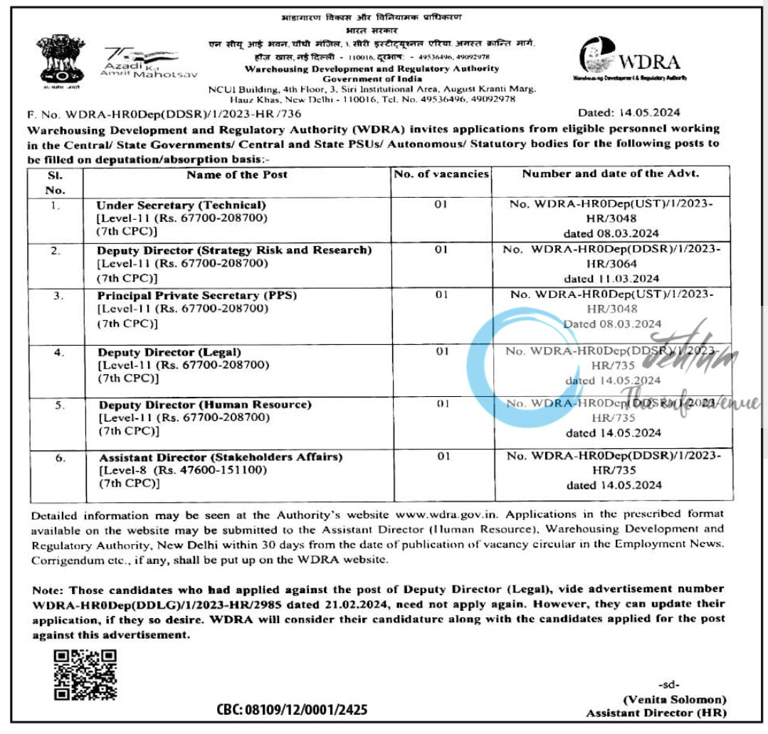 WDRA India Recruitment Advertisement 2024