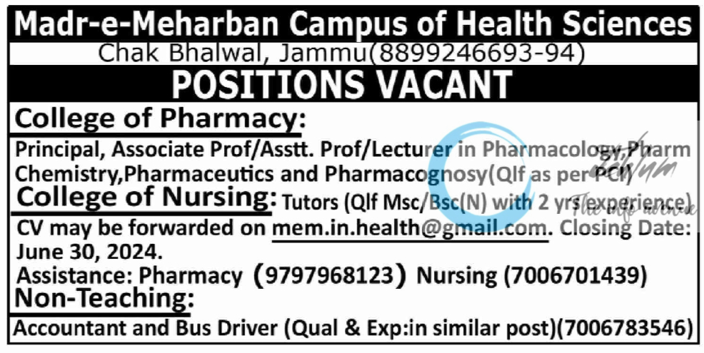 Madr-e-Meharban Campus of Health Sciences Jammu Jobs 2024