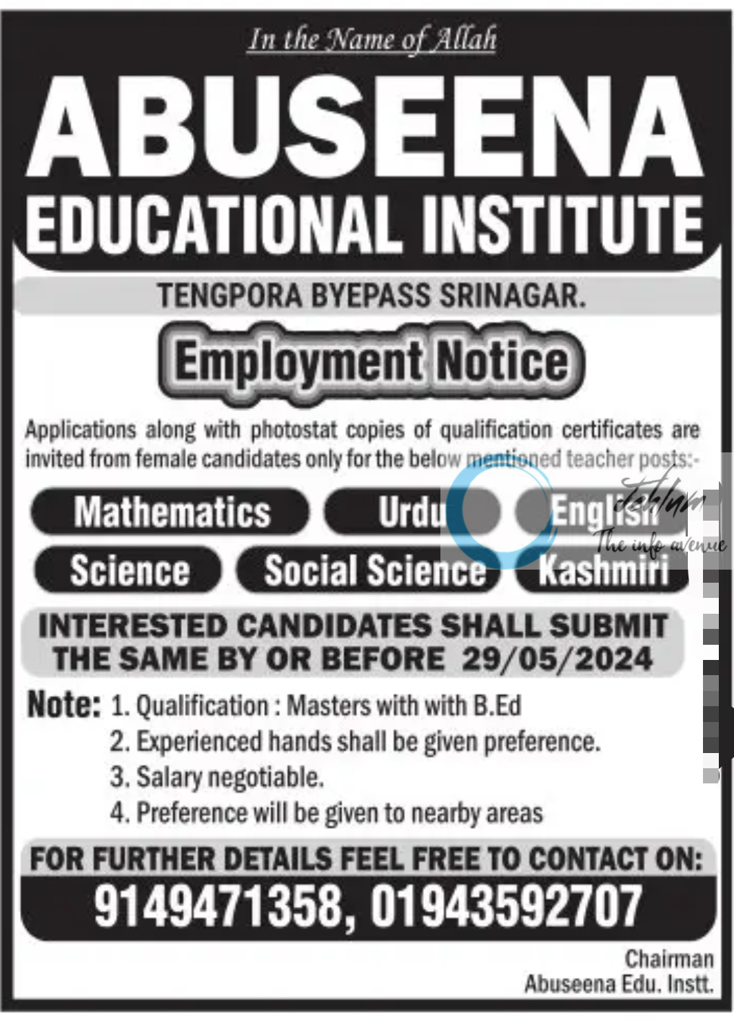 ABUSEENA EDUCATIONAL INSTITUTE SRINAGAR JOBS 2024