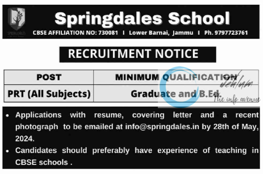 Springdales School Jammu Teaching Jobs 2024