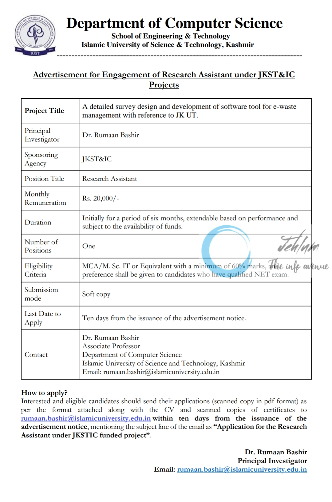 IUST KASHMIR Deptt of Computer Science Research Assistant Notification 2024